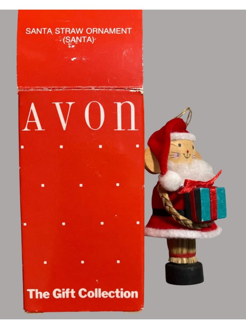 Avon Santa Straw Ornament Mouse Holding Gift Vintage Christmas Decoration
